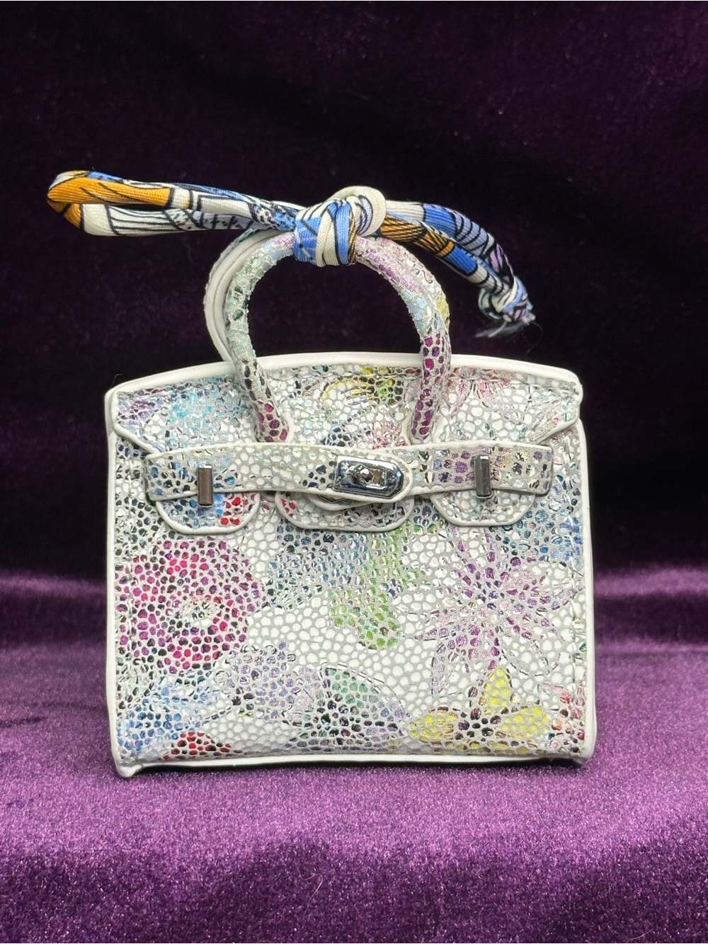 SUMMER FLASH — multicolor confetti print mini bag charm, scarf handle